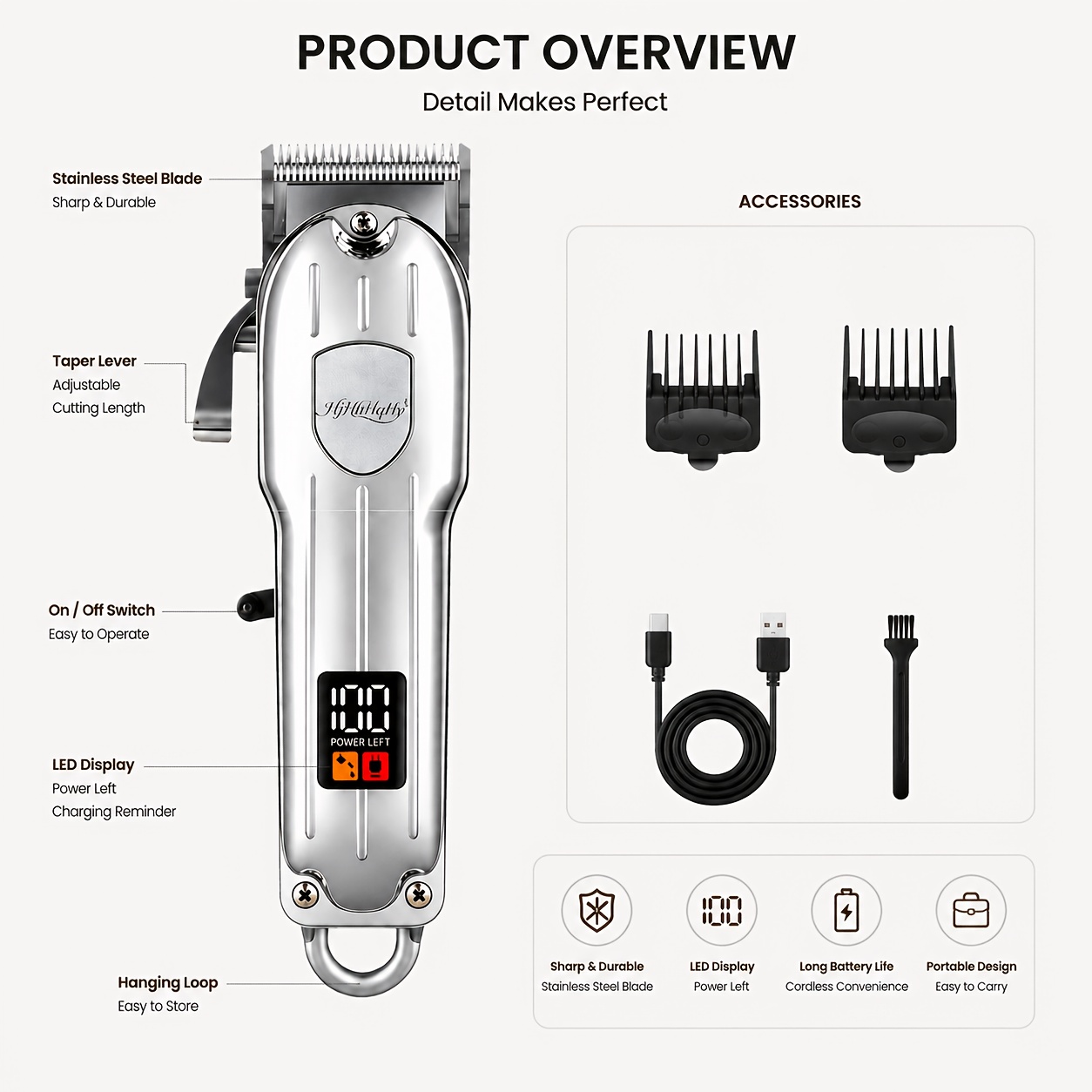 TEMU ["Hjhhhqhy] Tondeuse à cheveux pour hommes, rasoir rechargeable fil avec écran LED, ensemble de coupe de cheveux réglable, tondeuse à cheveux ,