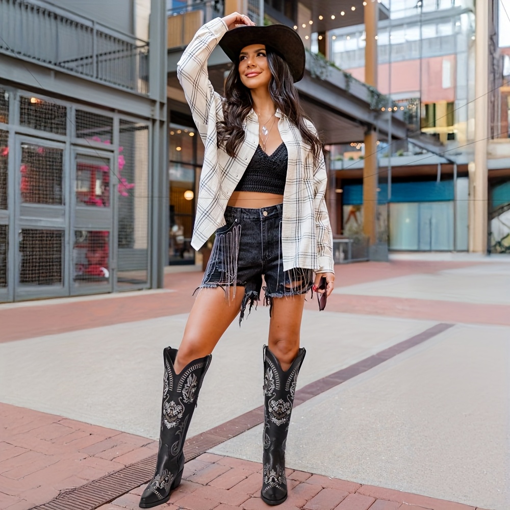 Cowgirl Boots Women Wide Calf Platikly Black Cowboy Boots For