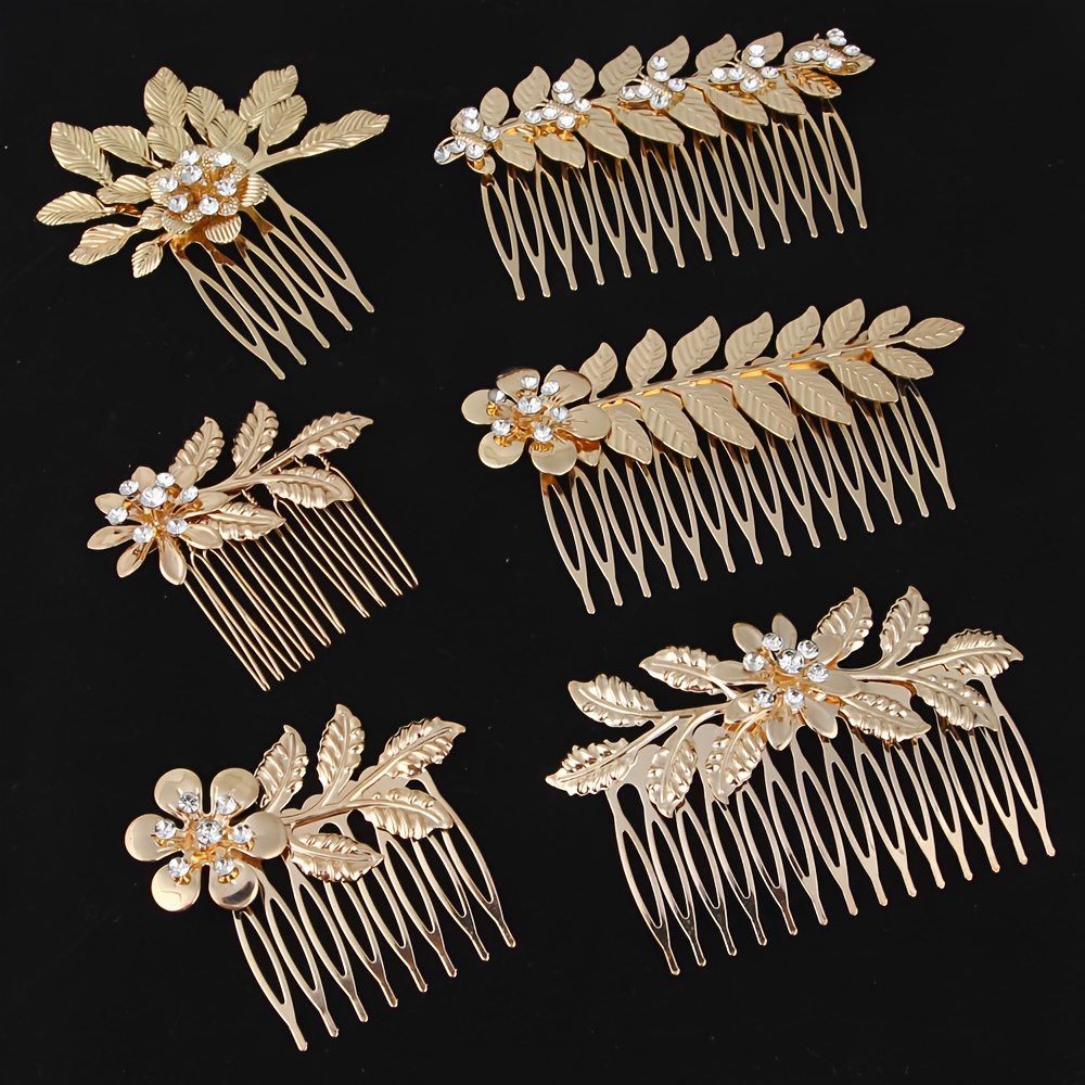 TEMU 6pcs Golden Metal Wedding Hair Combs With Floral Design - & Bridesmaid Hair Accessories, Secure Fine Teeth For Updos, Braids, Prom, Special