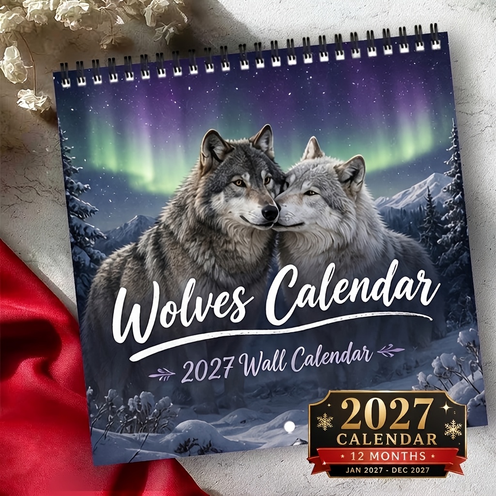 2027 Wall Calendar, 2027 Wolf Wall Calendar, 12-month Hanging Calendar, Double Wire Spiral Binding, 21.08x21.08cm Square, Large Block, American Holiday, Northern Lights Design, Ideal Christmas Gift