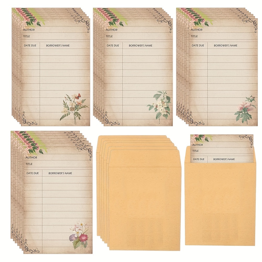 

40pcs Vintage Floral Self-adhesive Library Cards With Envelopes - English, Date & Book For Tracking, Ideal For Classroom & Library Use