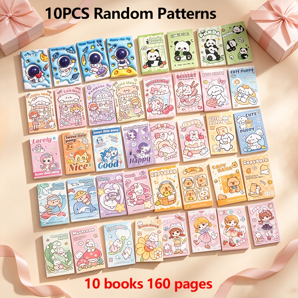 TEMU 10pcs Cartoon Mini Portable Notebooks, Random Patterns, 160 Pages Lined Notepad, Cute Animal Pad, Student Stationery & Party Favors