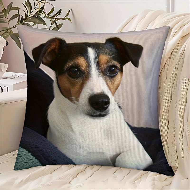 TEMU 1pc 45.72x45.72cm Short Plush Decorative Pillow Cover - Adorable Terrier Print, Double-sided Black & White , Machine Washable With Zipper