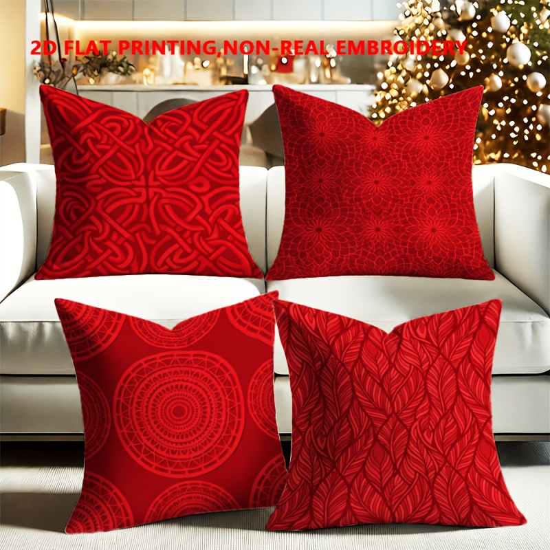 TEMU 4pcs Set, 2d Flat Printing, New Year Red Pattern Sofa Cushion Covers, Single-sided Print, Modern Fashion Decorative Pillowcases, Polyester