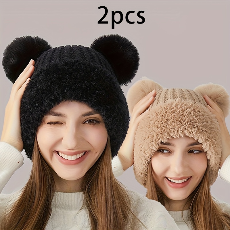 

2-pack Cozy Polyester Beanie Hat Set For Women - Knit Fabric, Lightweight, Hand Washable, Warm Ear Flaps, Ideal For Autumn, Winter, Christmas, Thanksgiving Gifts