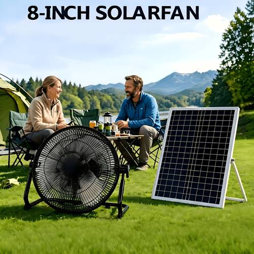 8 inch solar powered portable floor fan with solar panel rechargeable battery suitable for camping outdoor emergency cooling low voltage operation long for outdoor use household outages