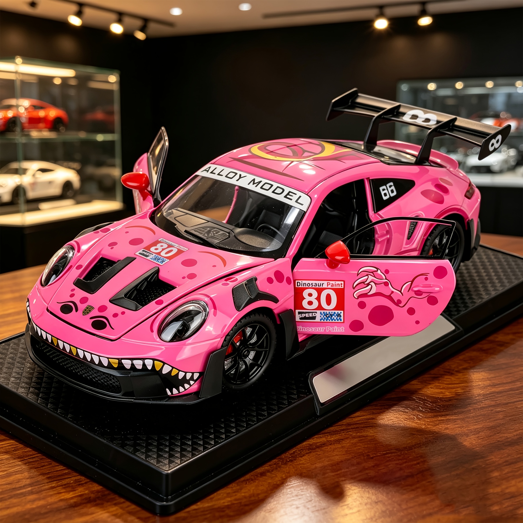 Image of 1:24 Dinosaur Graffiti Race Car Diecast Alloy Car, Alloy Simulated Sports Car Model, Openable Doors, Fine , Green & Pink 2 Colors , Collectible Mini Car Ornament, Ideal Birthday & Holiday Gift