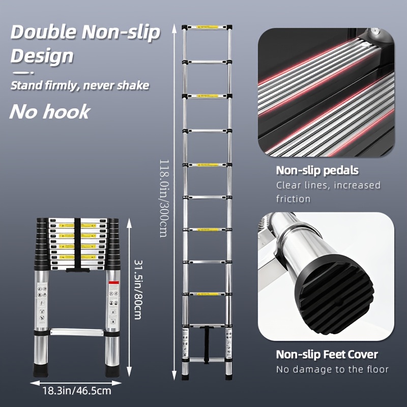 Image of 2.4m//3.6m/4.2m/4.9m/6.1m, Telescopic Ladder With Anti-slip Feet And Stable Hooks | Lightweight And Portable | For Household, Garden, Outdoor | Up To 150kg Load Capacity