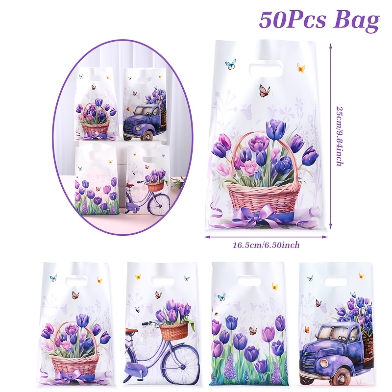 TEMU 10/25/50pcs, Purple Tulip Theme Gift Packing Bags, Tulip Bike Pattern Handheld Bags, Spring Theme Party Decoration, Wedding Bride Party