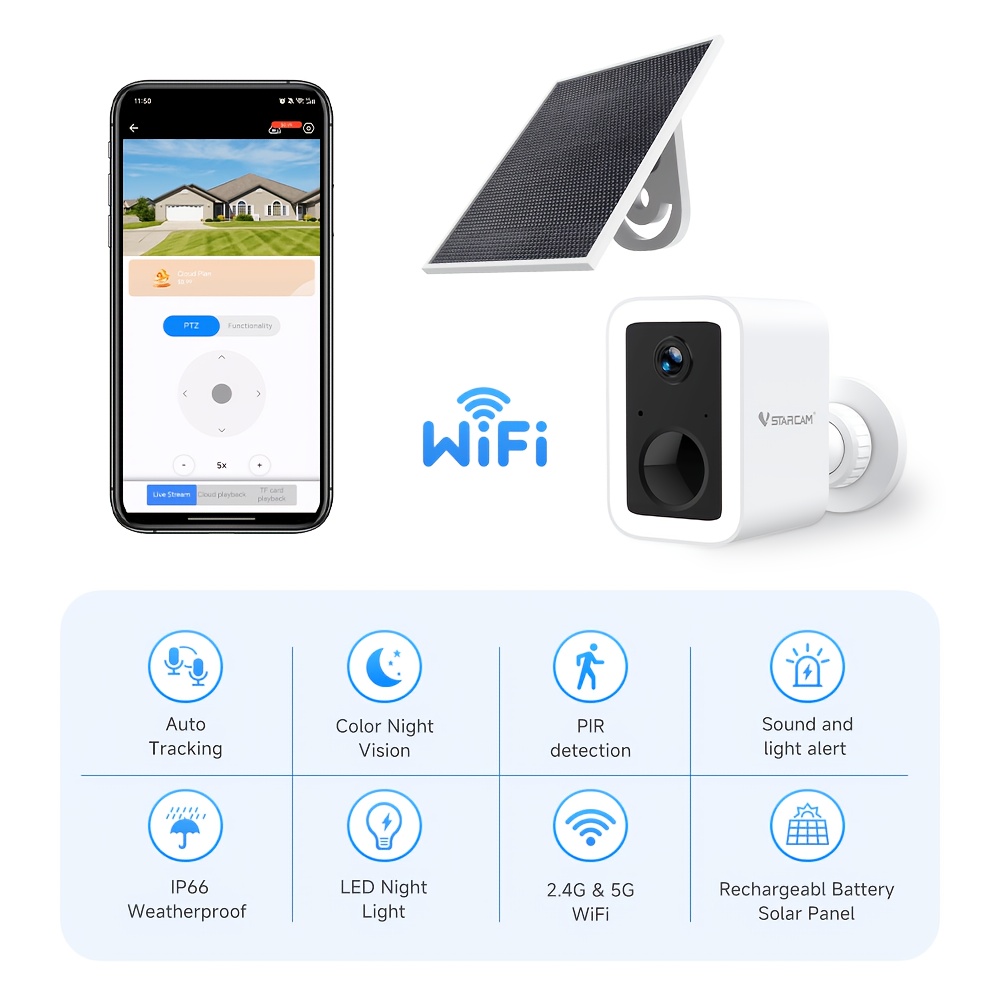 TEMU Caméra de sécurité intelligente solaire VStarcam, avec contrôle à distance via application, pour la sécurité domestique, avec vision en couleur,