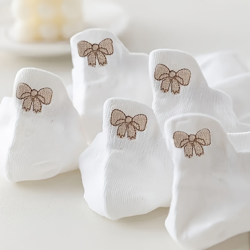 E-shop 5 Paar Frühlings- und Sommer-Damenmode, vielseitige, weiße, bestickte Schleifen-Socken, bequem, atmungsaktiv, einfarbige Socken