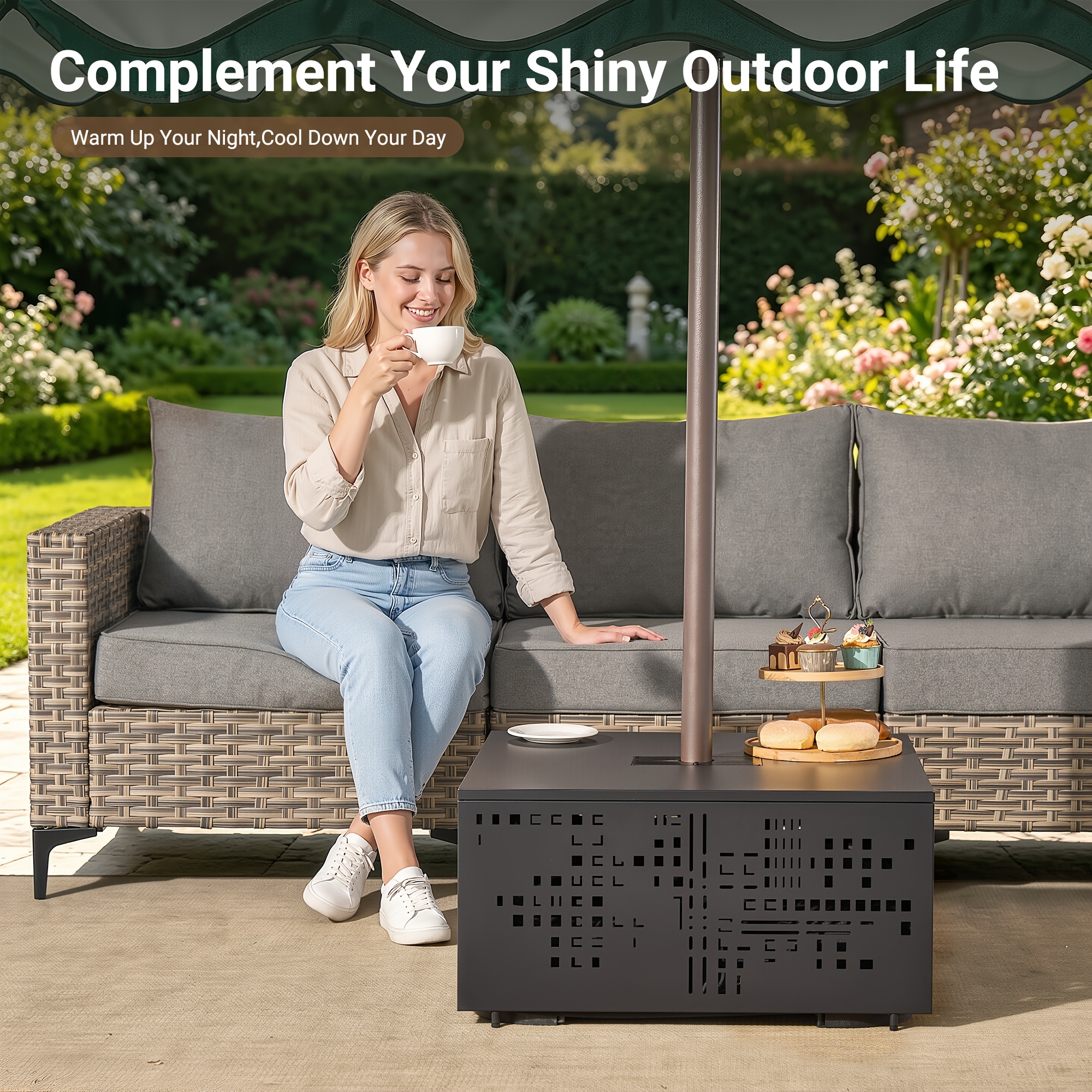 Only One Outdoor Metal Coffee Table with Lights And An Umbrella Pole Hole, Black Or Gray Two Table Color Options, A Coffee Table Suitable for Pairing with Outdoor Patio Furniture, Easy to Assemble