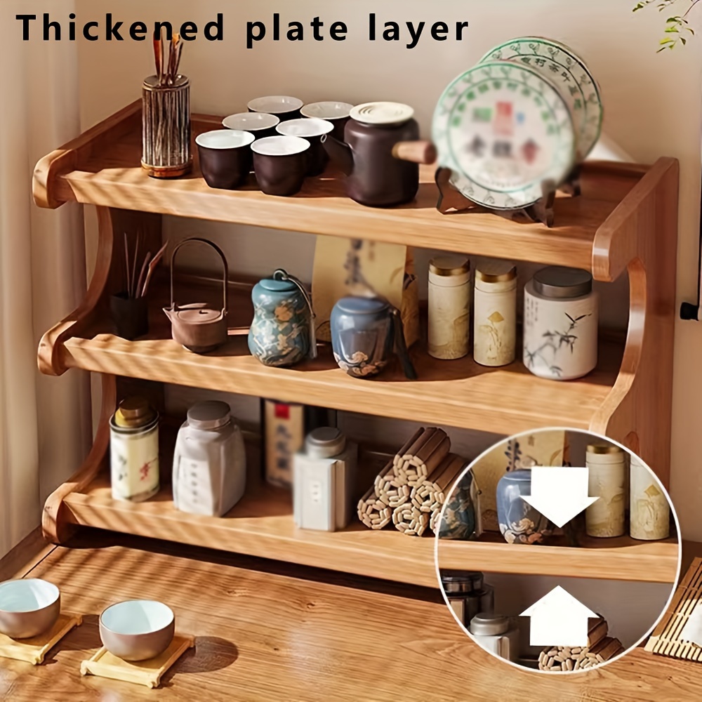 

Vintage Wood Desktop Organizer Shelf For Tea And Dishware Storage, Rectangular Crude Wood Display Rack With Thickened Plate Layer For Cups, Teapots, Canisters - Multipurpose Tabletop Storage Stand