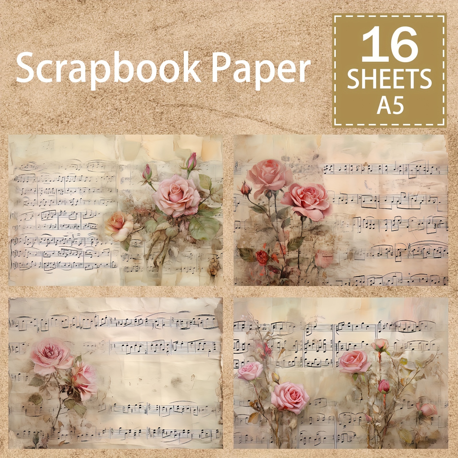 

16sheets A5 Size Valentine's Day Pink Rose Flower Musical Note Background Material Decoration Diy Retro Journal Journal Greeting Card Planner Scrapbook Background Card Pad