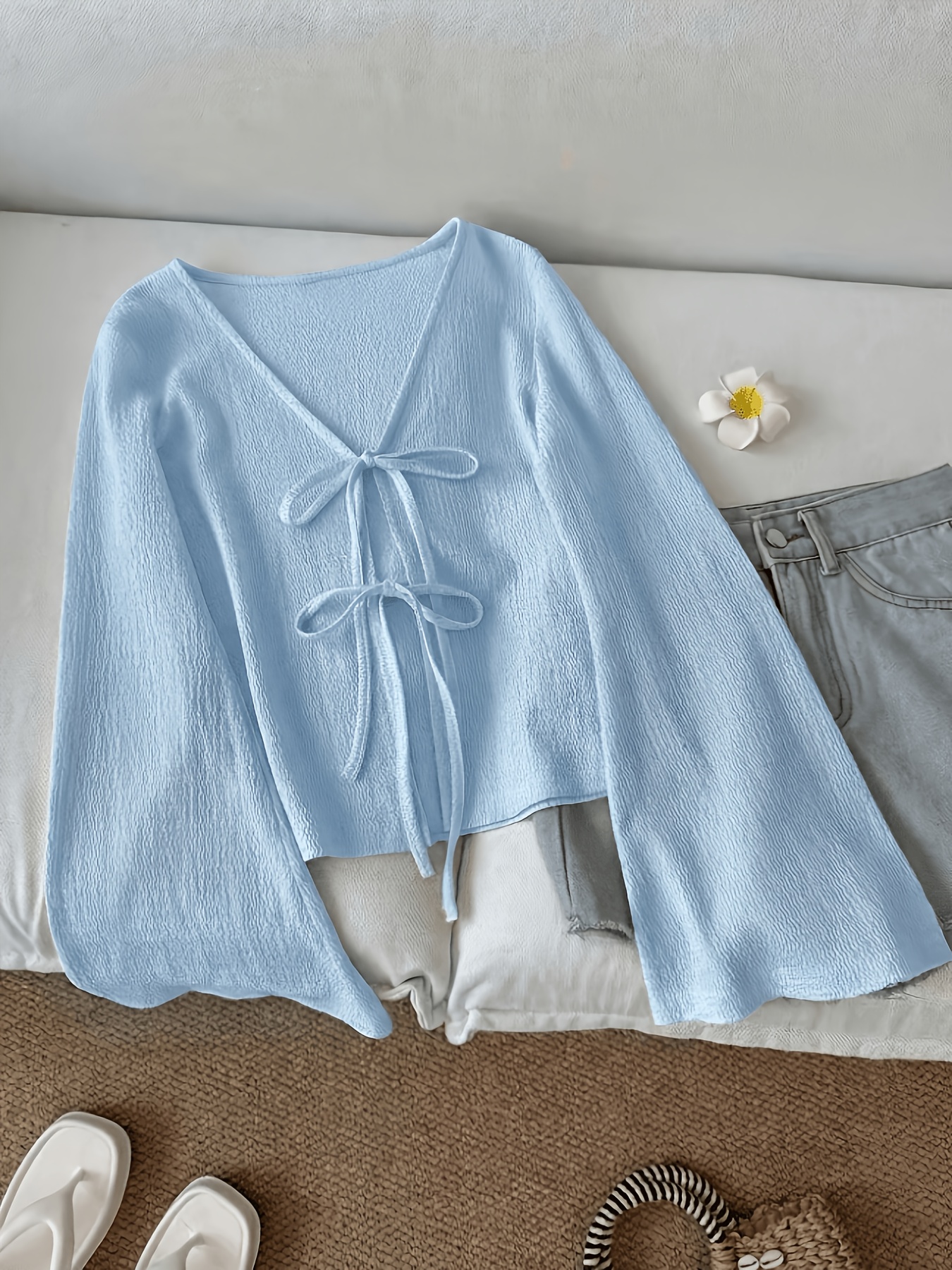 solid color front tie bow open front fashion flared sleeve blouse new womens short top  