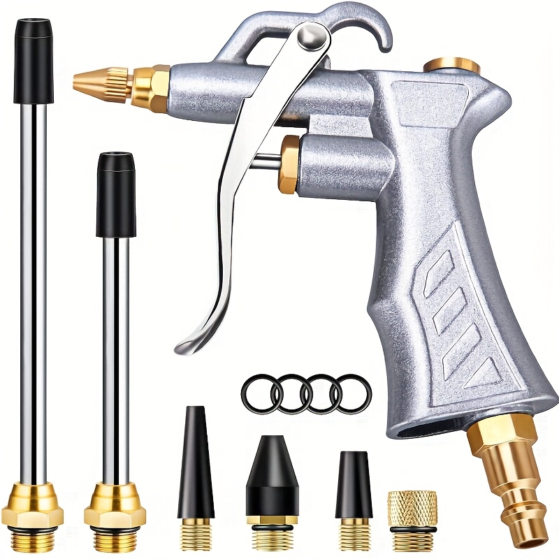 TEMU Un ensemble de pistolet à air industriel avec en laiton à débit d'air réglable et 2 extensions en acier, accessoire pour compresseur pneumatique