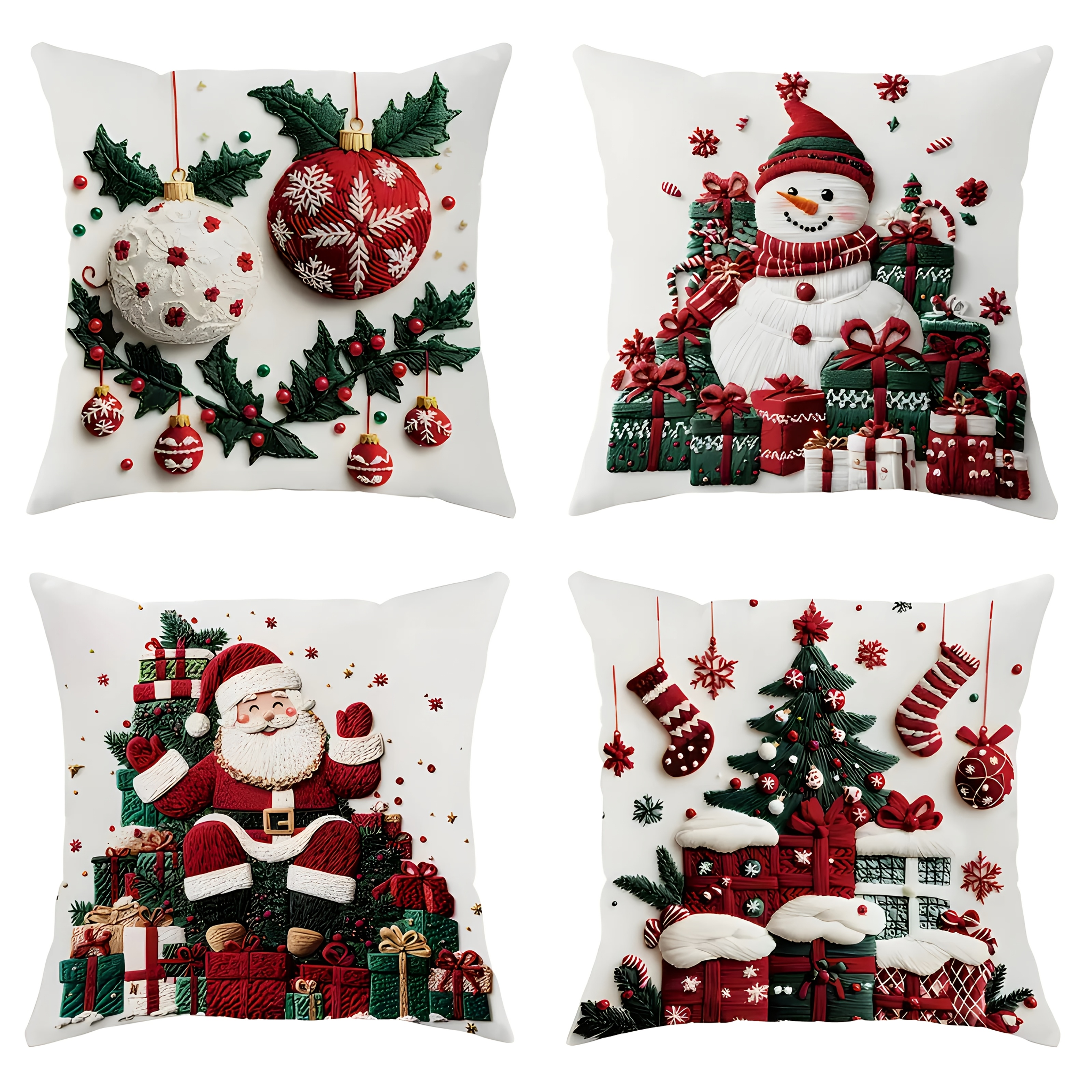 

4pcs Christmas Pillow Covers Set - Snowman, Santa & Tree Designs For Sofa, Bedroom, Office & Farmhouse Decor - Zip Closure, Machine Washable Polyester, Hotel, Candy, Without Pillow