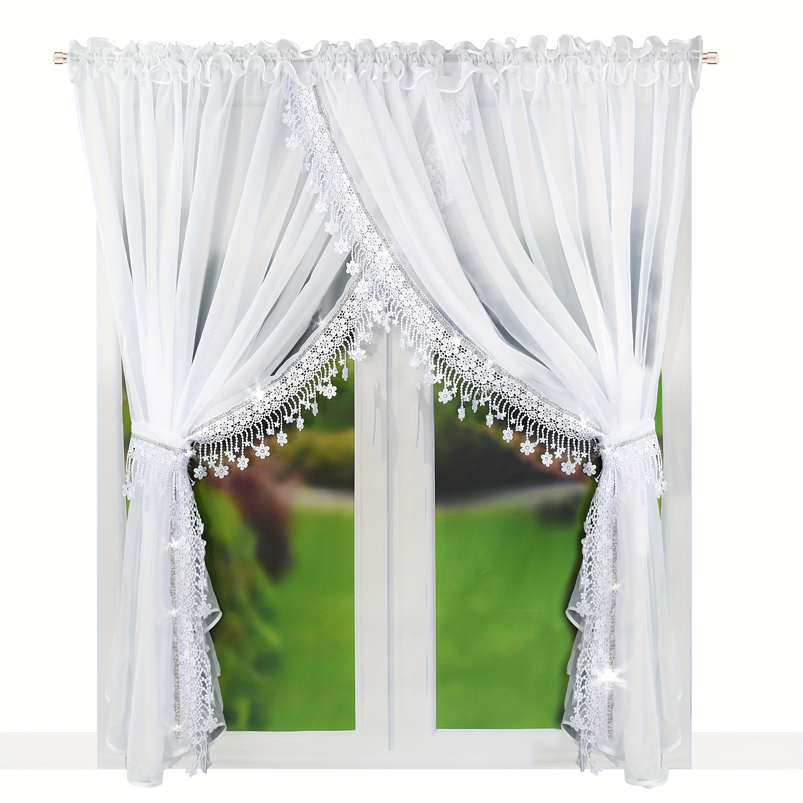 Image of Fhflyinghome Window Sheer Curtains For Living Room, 1 Set With Light Through Window Drapes With Decorative Flower Edge For Living Room Farmhouse Bedroom Decor