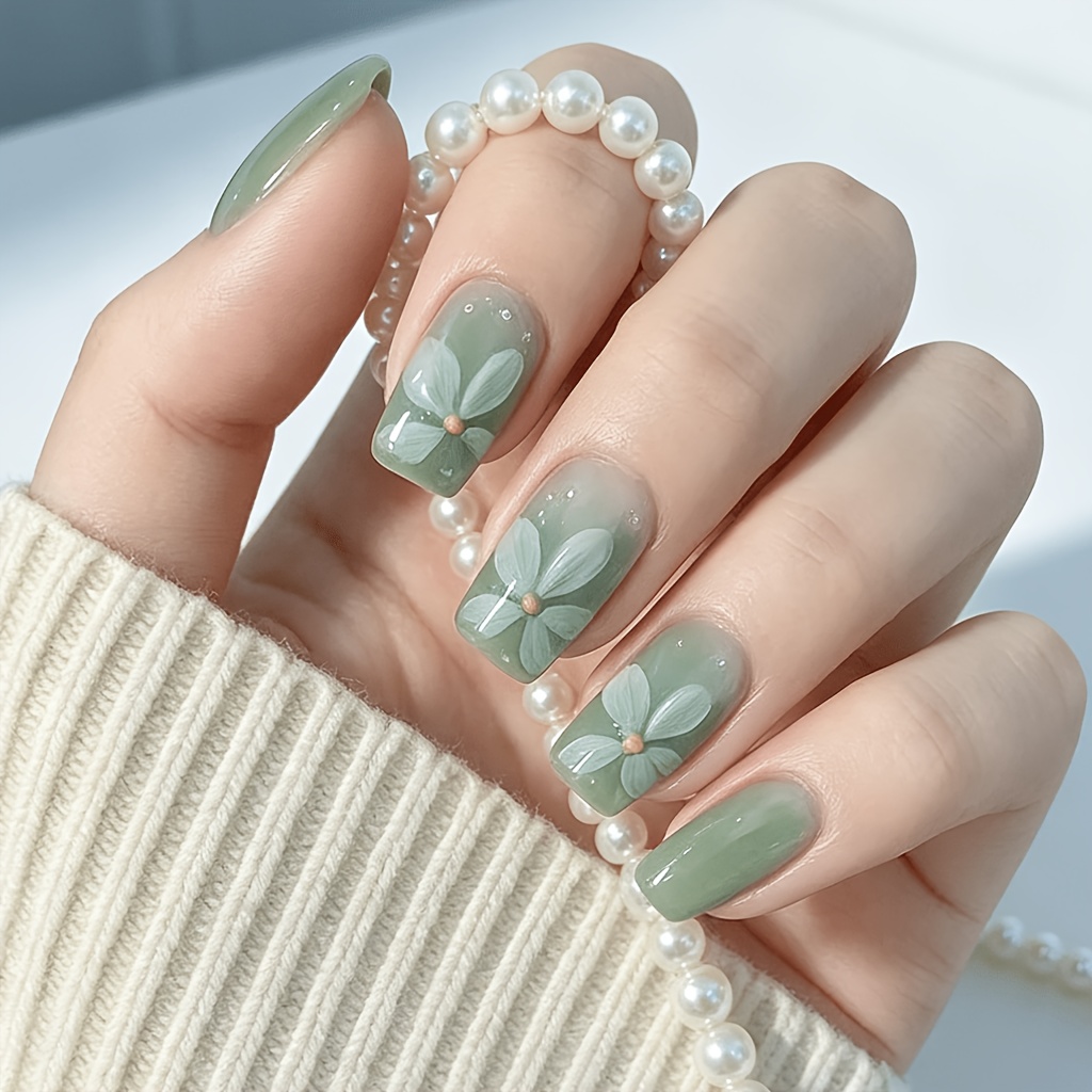 TEMU Green, Small Floral, Glossy, Long Length, Almond-shaped, 24pcs, Fake Nails, Press-on Nail Stickers, Gothic Nails, Manicure, Nail Set, Women's