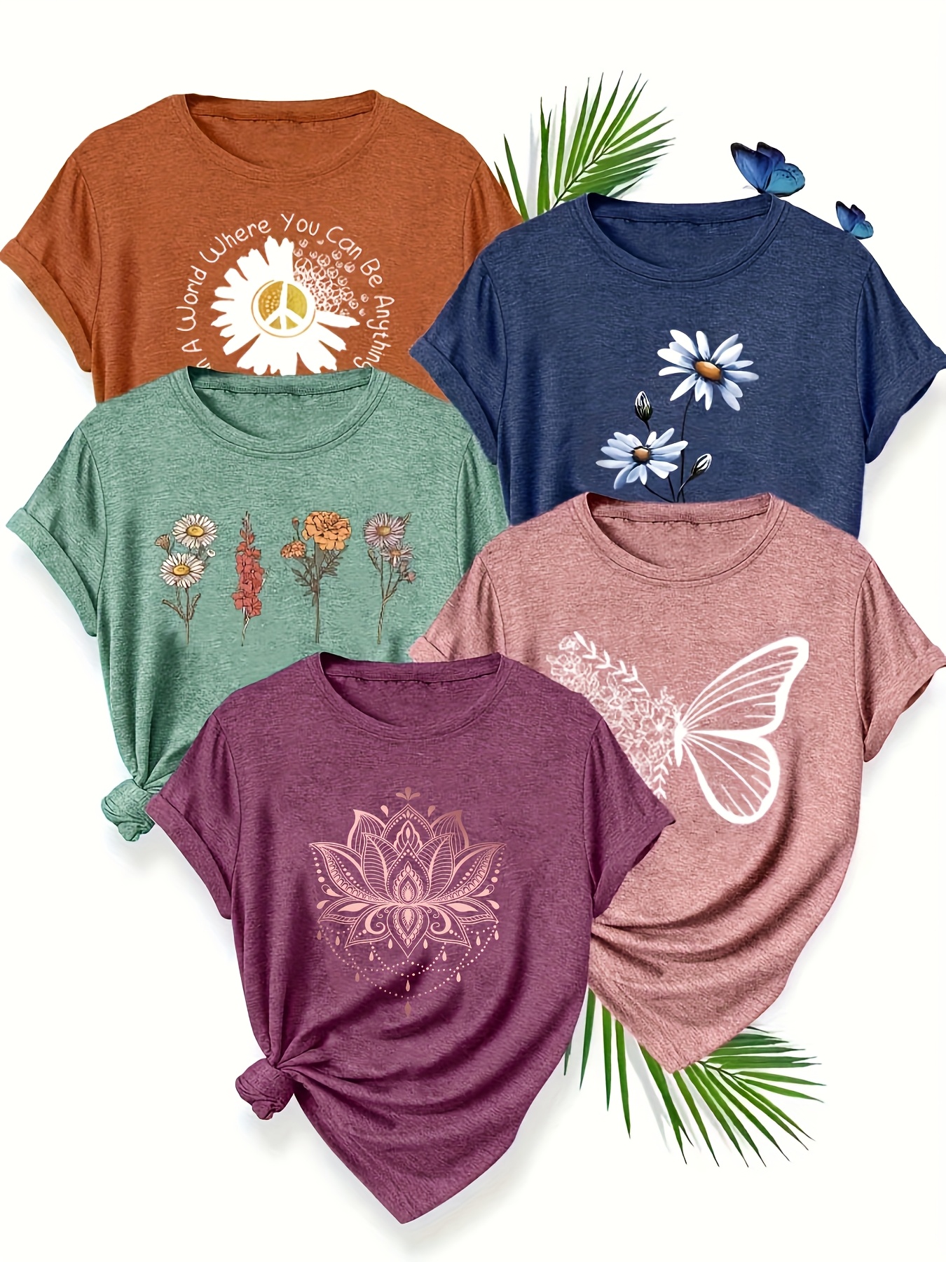 5pcs womens casual short sleeve t shirts summer round neck geometric print tees with dandelion floral     options breathable machine washable fabric cute t shirts everyday outfit     printed   adults Product details 7