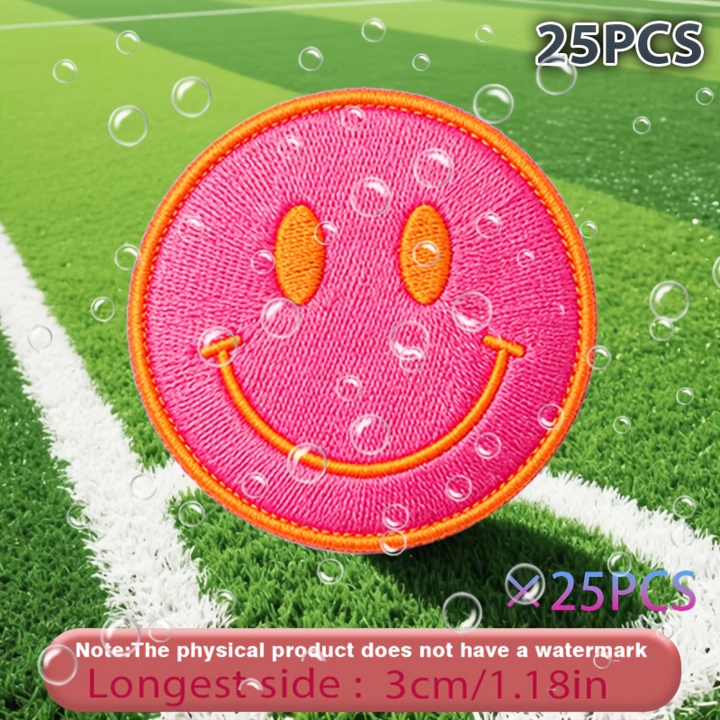 TEMU 25pcs Circular Face Patch With Orange Eyes And Smile, Textured Fabric, Orange Stitching, Perfect, Heat Transfer Stickers Are Suitable For Flat