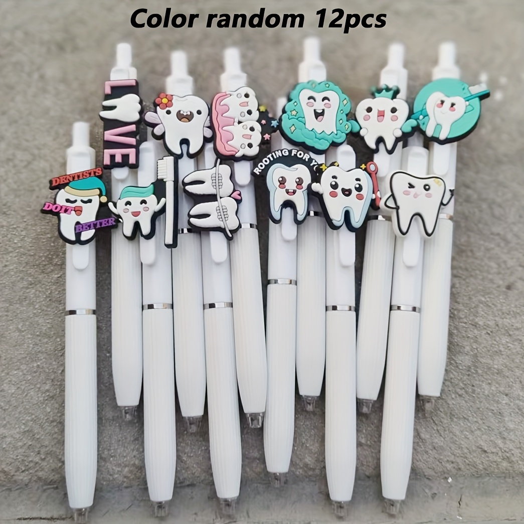 TEMU 12pcs Dental-themed Ballpoint Pens With Fun Tooth & Dental Tool Designs - Assorted Colors, Durable Plastic, No Batteries Needed For Dental