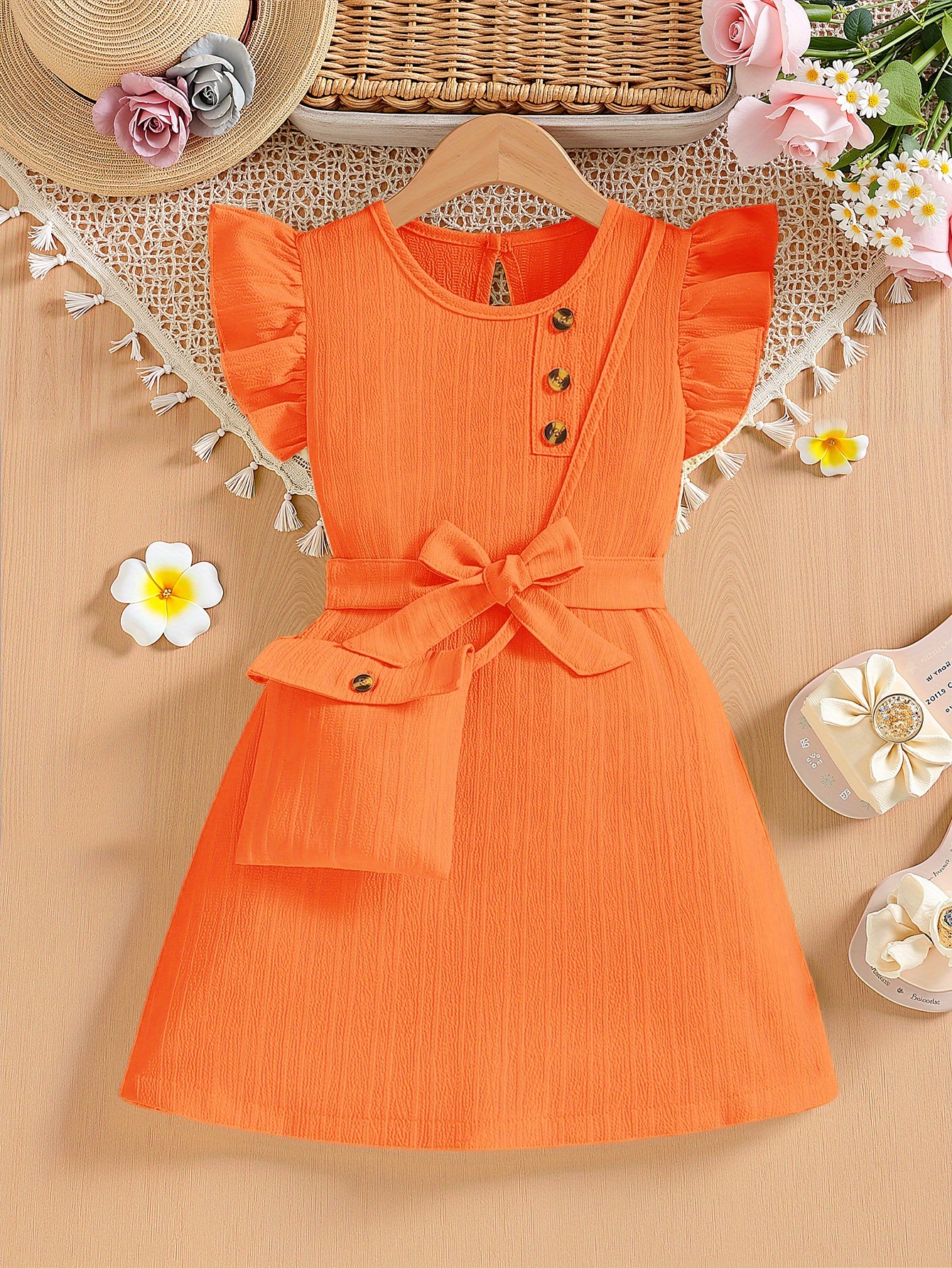 Elegant Green Ruffled Sleeve Dress for Girls with Bow Detail & Button Accents - Crew Neck, Non-Stretch Polyester, Machine Washable - Perfect for Summer Parties & Casual Outings, Girls Long Sleeve Dresses