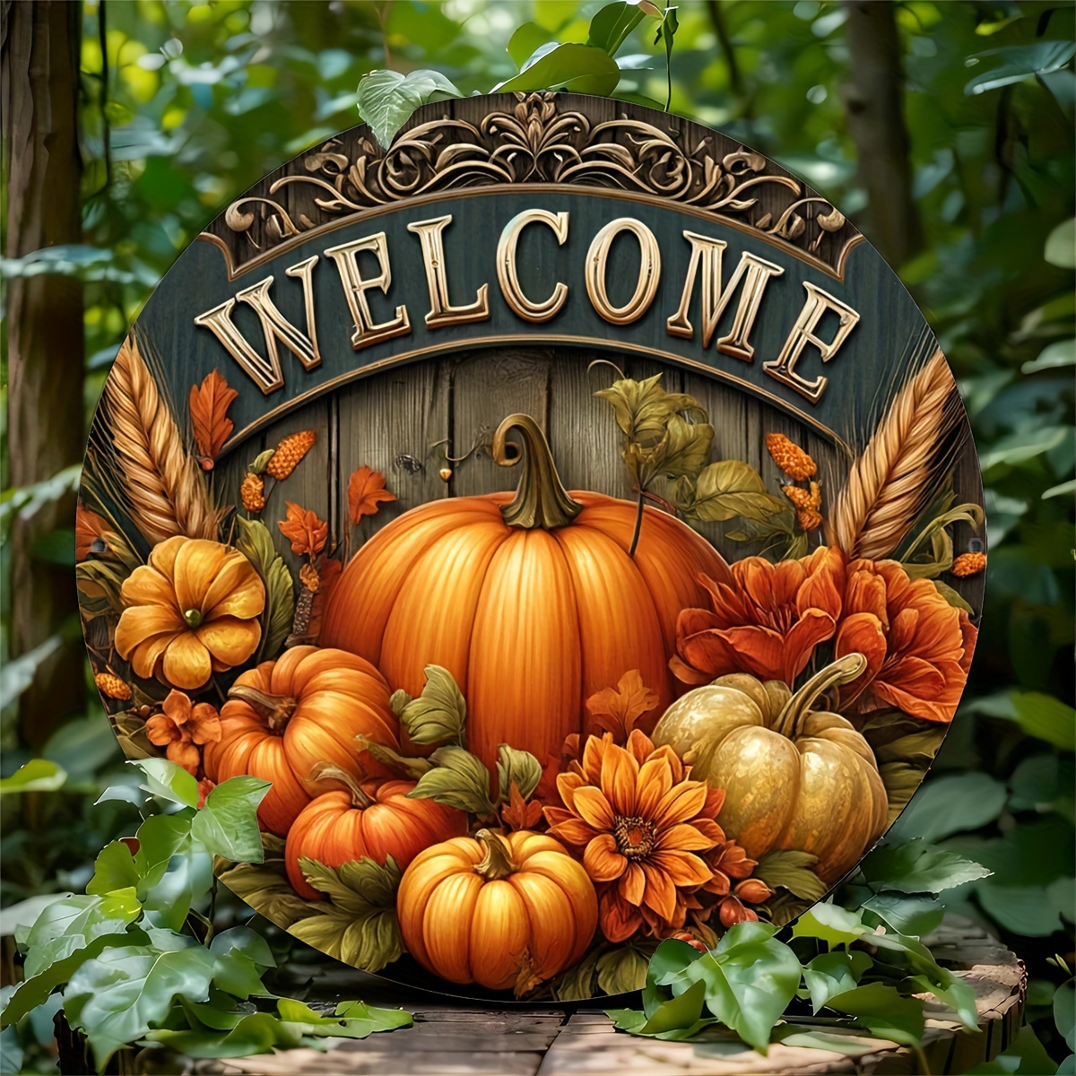 

8" Round Metal Welcome Sign - Fall, Thanksgiving & Decor | Ideal For Home, Cafe, Restaurant, Bar | Indoor/outdoor Use