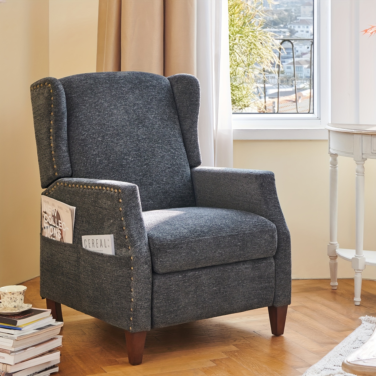 

Colamy Wingback Pushback Recliner Chair With Storage Pocket, Upholstered Fabric Living Room Chair Armchair, Dark Grey