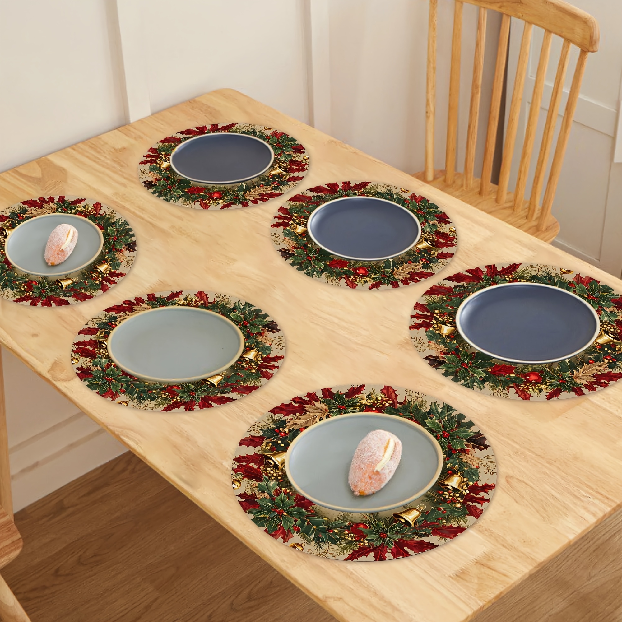 TEMU 4pcs/6pcs Round Christmas Table Mat Suitable For Kitchen & Dining, Festive Holiday Tray With Merry Christmas, Machine Washable Table For Plates,