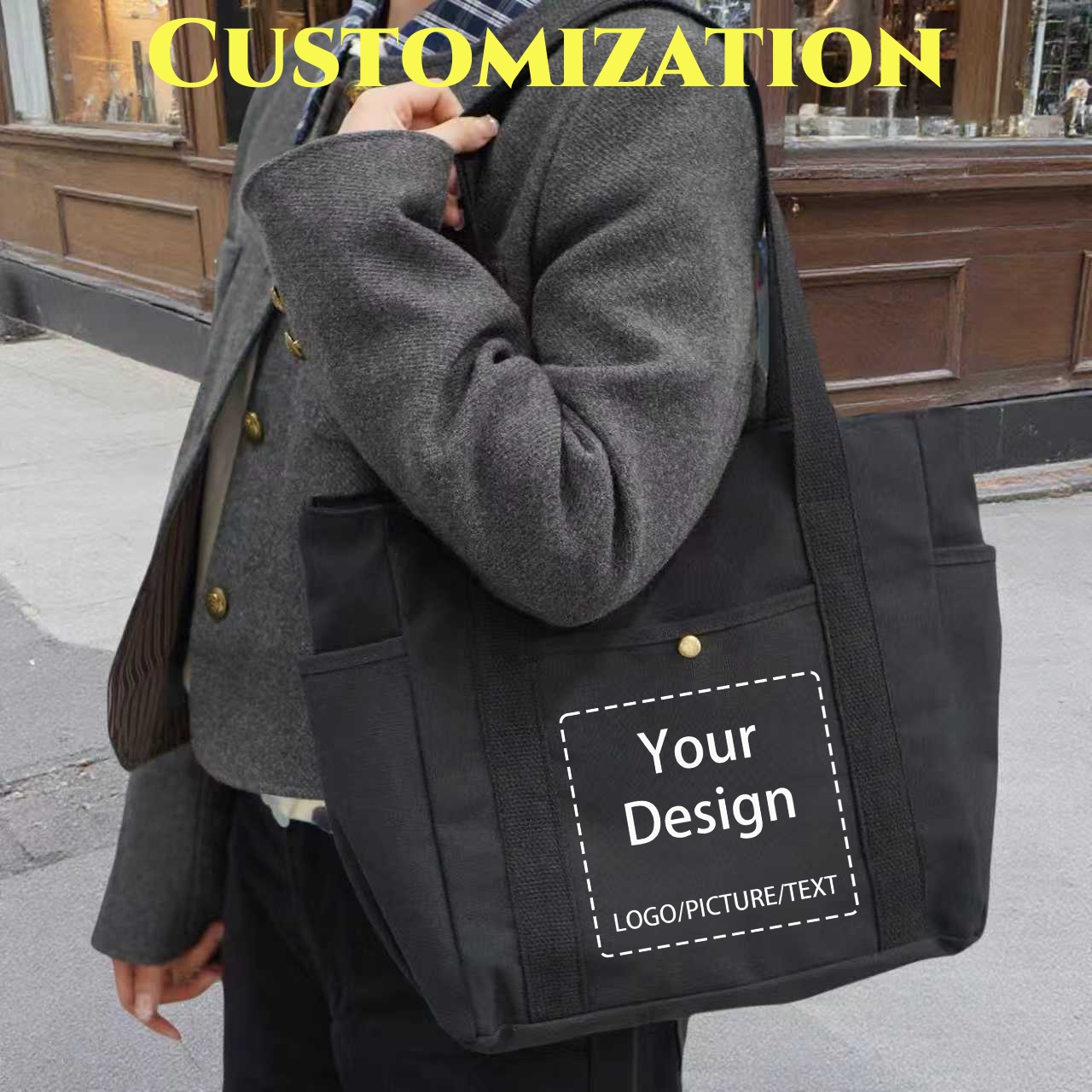 E-shop Übergroße Tragetasche mit individuellem Foto-/Text-/Logo-Druck – Strapazierfähige, maschinenwaschbare, robuste Tasche mit stabilem schwarzem