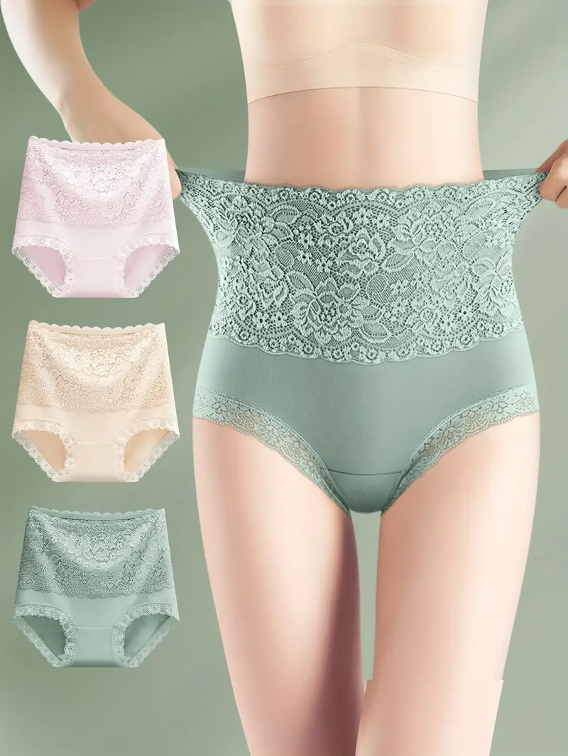 3 Pcs Elegant Shapewear Panty, Lace Plain High Waisted Tummy Control  Intimates Briefs, Women's Lingerie & Underwear