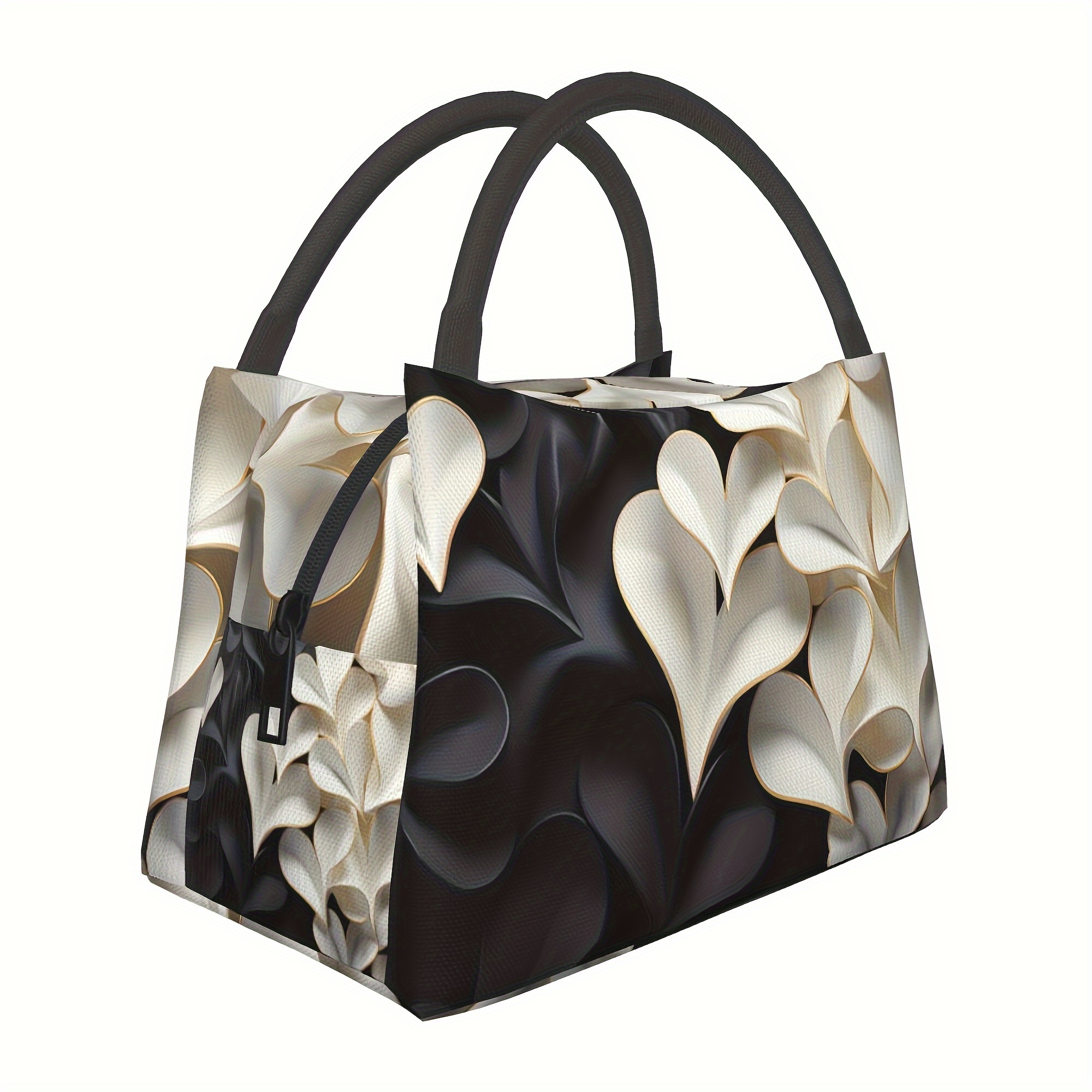 TEMU 1pc Black And White Flower Pattern, Portable Reusable Cooler Bag, Cooler Bag, Insulated Lunch Bag For Camping Picnic Beach Essentials, Suitable
