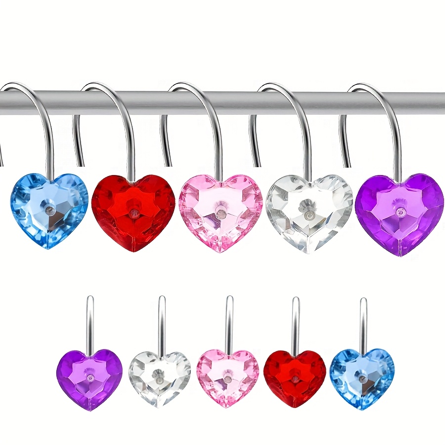 

Set Of 12 Clear Acrylic Shower Curtain Hooks Featuring Decorative Multicolored Heart-shaped Sequins, Valentine's Home Decoration.