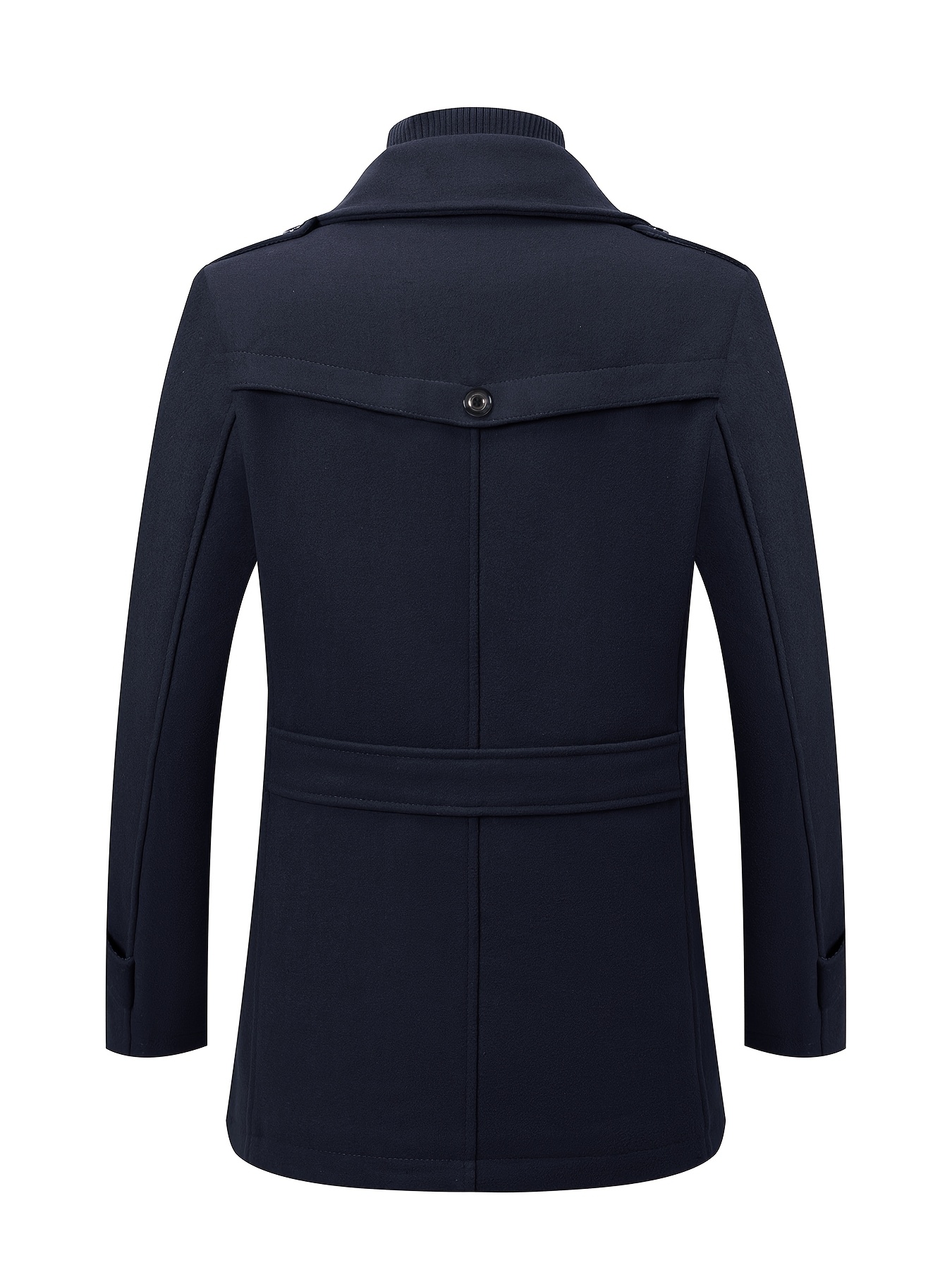 Men's Navy Blue Detachable Double-Breasted Trench Coat - Casual Wool Blend Overcoat with Zippered Pockets for Fall and Winter