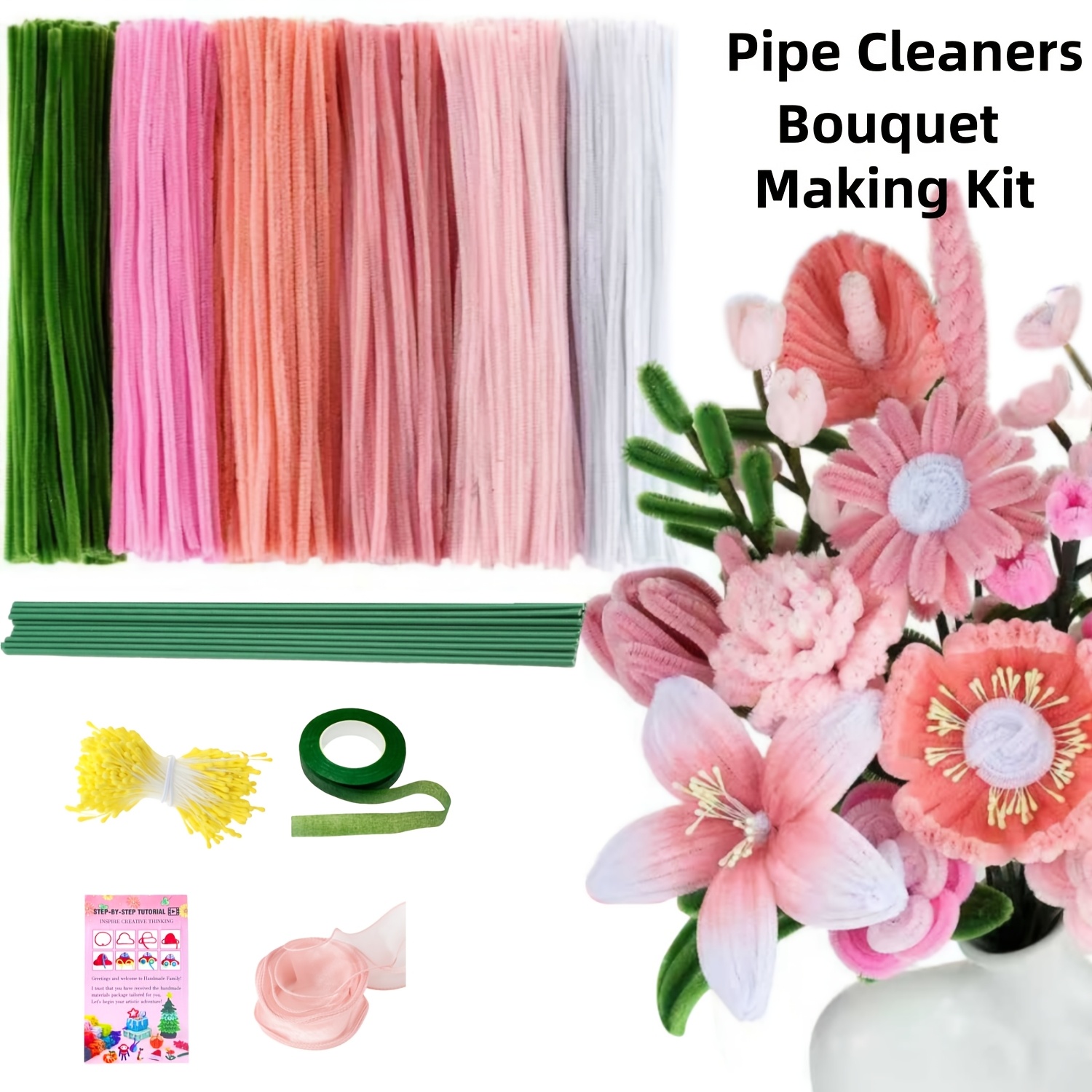 item picture 683 983pcs pipe cleaners craft 6 colors pipe cleaners bulk with video tutorial flower making kit with chenille stems floral wires tape bouquets handmade valentines gift and party decorations pink 12  7mm