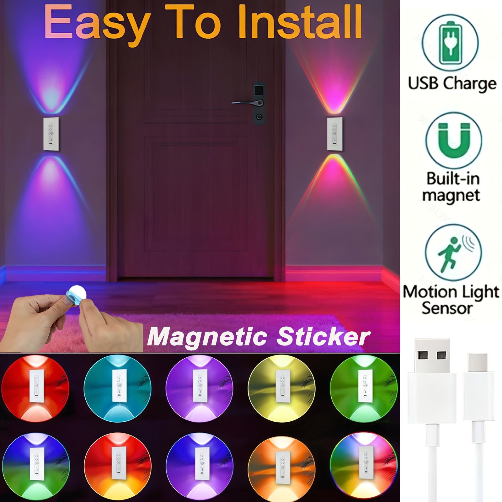 2pcs Smart Motion Sensor Lights, Wireless Rechargeable RGB LED