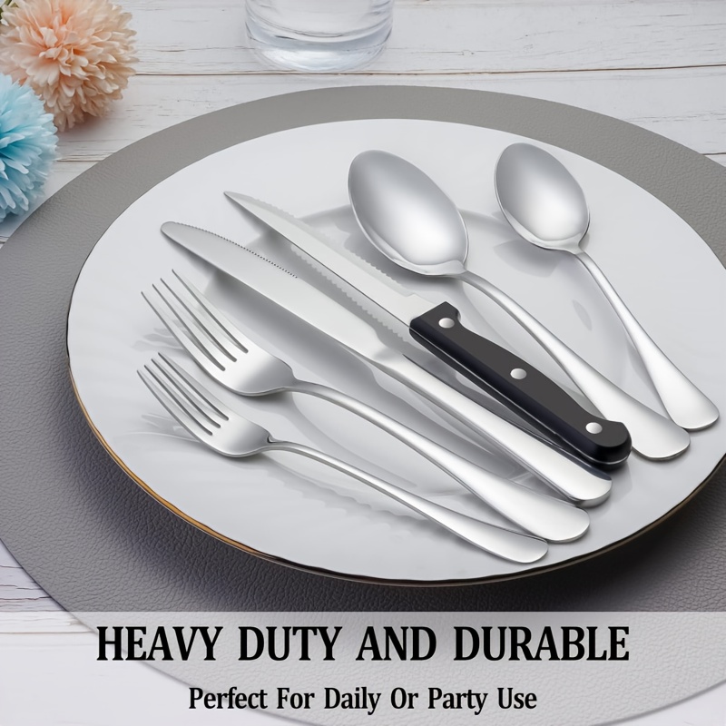 21pcs portable cutlery set durable outdoor   stainless steel camping utensils with steak knives dinner forks plates soup spoons bottle opener tongs storage bag dishwasher safe reusable for travel backpacking camping parties and   Product details 5
