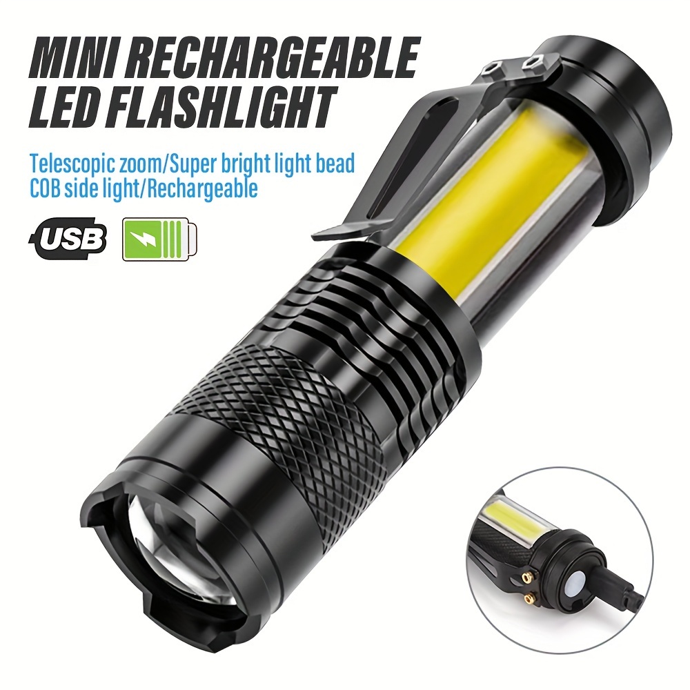 

Mini Rechargeable Led Flashlight, Super Bright Camping Light With Side Light, With Xpe + Cob Beads, Zoomable, With Pen Clip, For Adventure, Camping, Hiking, Outdoor, Etc.