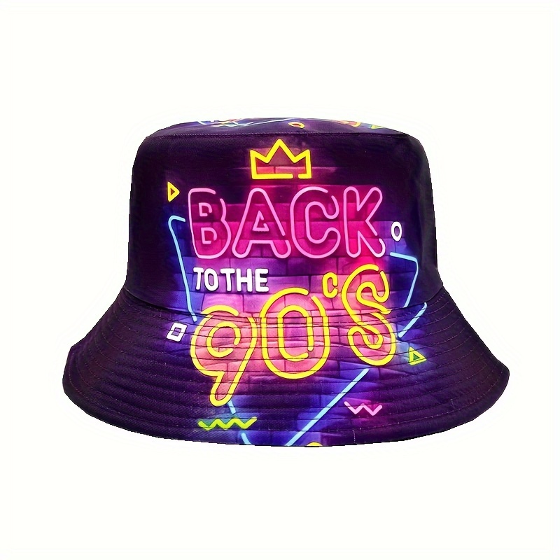 Image of "back To The 80s And 90s" Colorful Line Art City Printed Reversible Bucket Hat - A Lightweight And Stylish Hat, Suitable For Men And Women, Perfect For Parties And The Beach