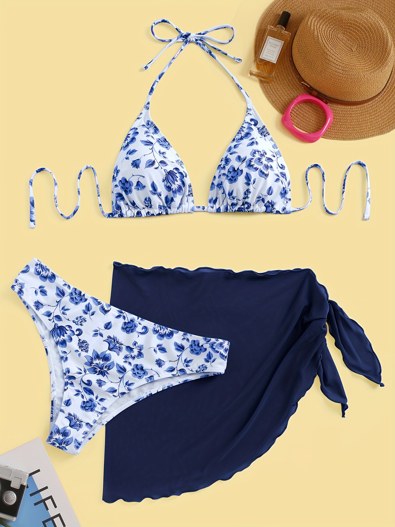 1set Women's Floral Print Bikini Set with Mesh Skirt - High Elasticity Polyester Fabric, Halter Neck, Sleeveless, Casual Knit Beachwear