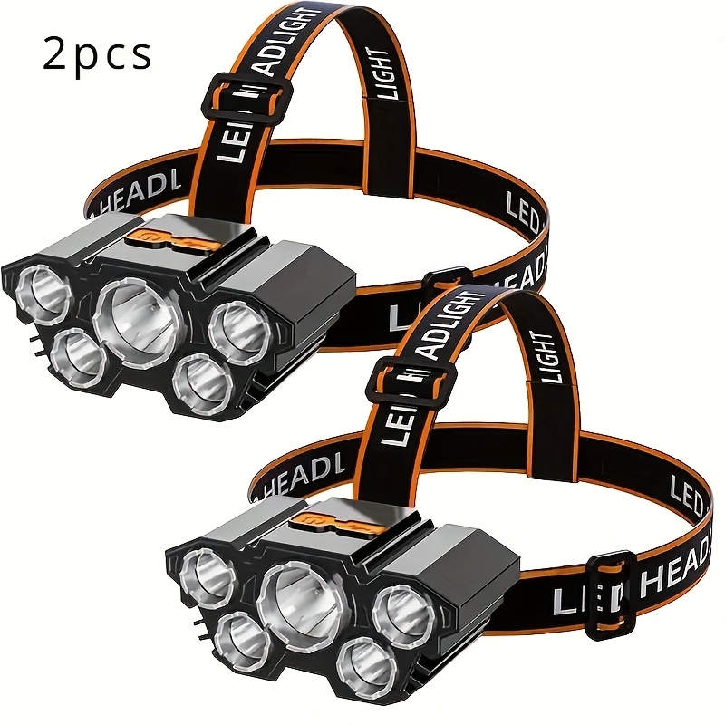 

2pcs Multifunctional 5 Led Headlight, Usb Charging (with Cable), Head-mounted Flashlight, 4 Adjustable For Outdoor Camping, Night Fishing, Hiking, Hunting, And Home Emergency Lighting