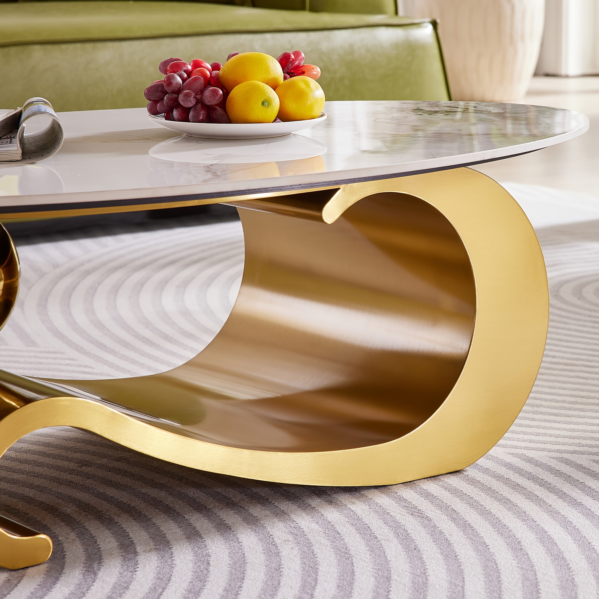 Modern Die-Cast Stone Coffee Table with Stainless Steel Base, an Elegant And Durable Centerpiece for Living Rooms. Easy to Assemble And Clean. Curved Design for Knock Prevention, Suitable for Living Rooms And Offices.