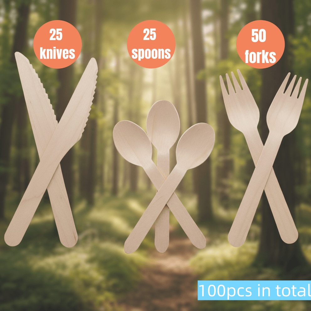 Image of 100/200pcs Disposable Cutlery Set | 50/100 Forks, 25/50 Knives, 25/50 Spoons, 6.3-inch Wooden Utensils For Events And Dining