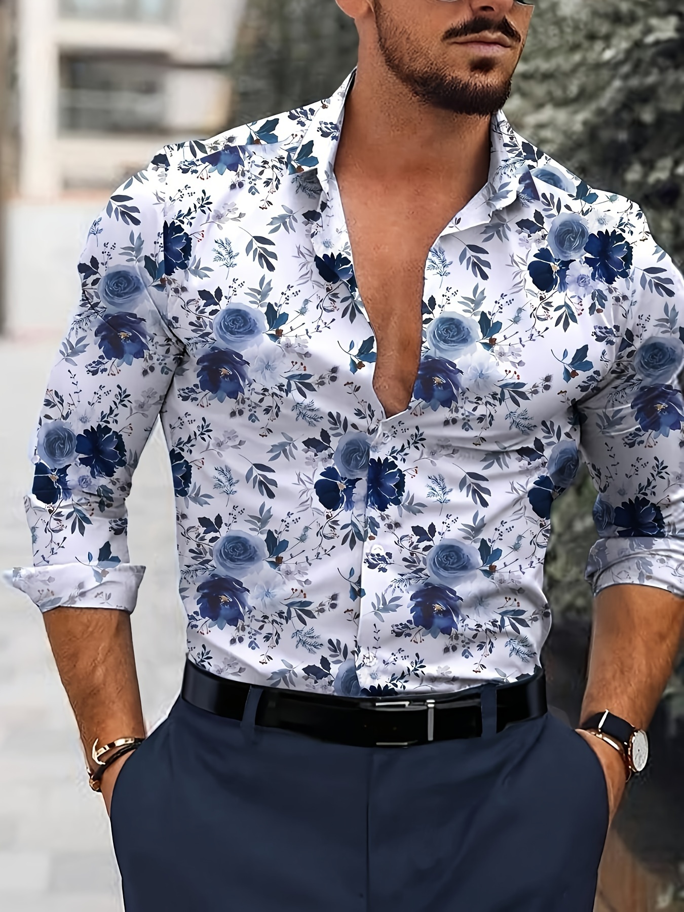 *'S Floral Print Long Sleeve Shirt Casual Polyester Blouse with Spandex,  Lapel Collar, Single Breasted Woven Fabric, Regular Fit for Spring/Fall, 