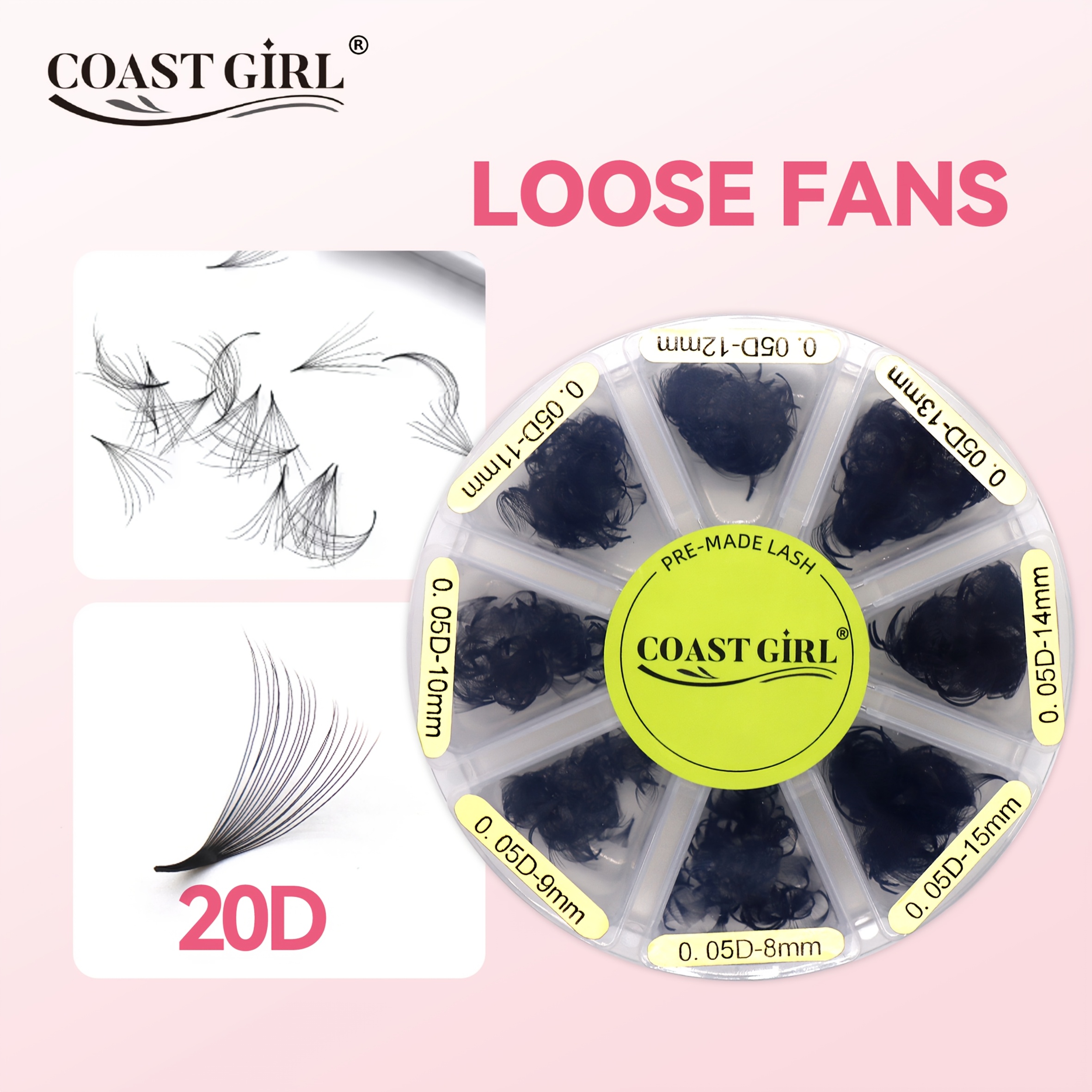 1000 Fans 5d-20d Mixed Length Volume Eyelash Extensions, Sharp Narrow Stem, 0.05mm, C/d , Individual Alcohol-free Lashes With Pointy Base For Quick Grafting