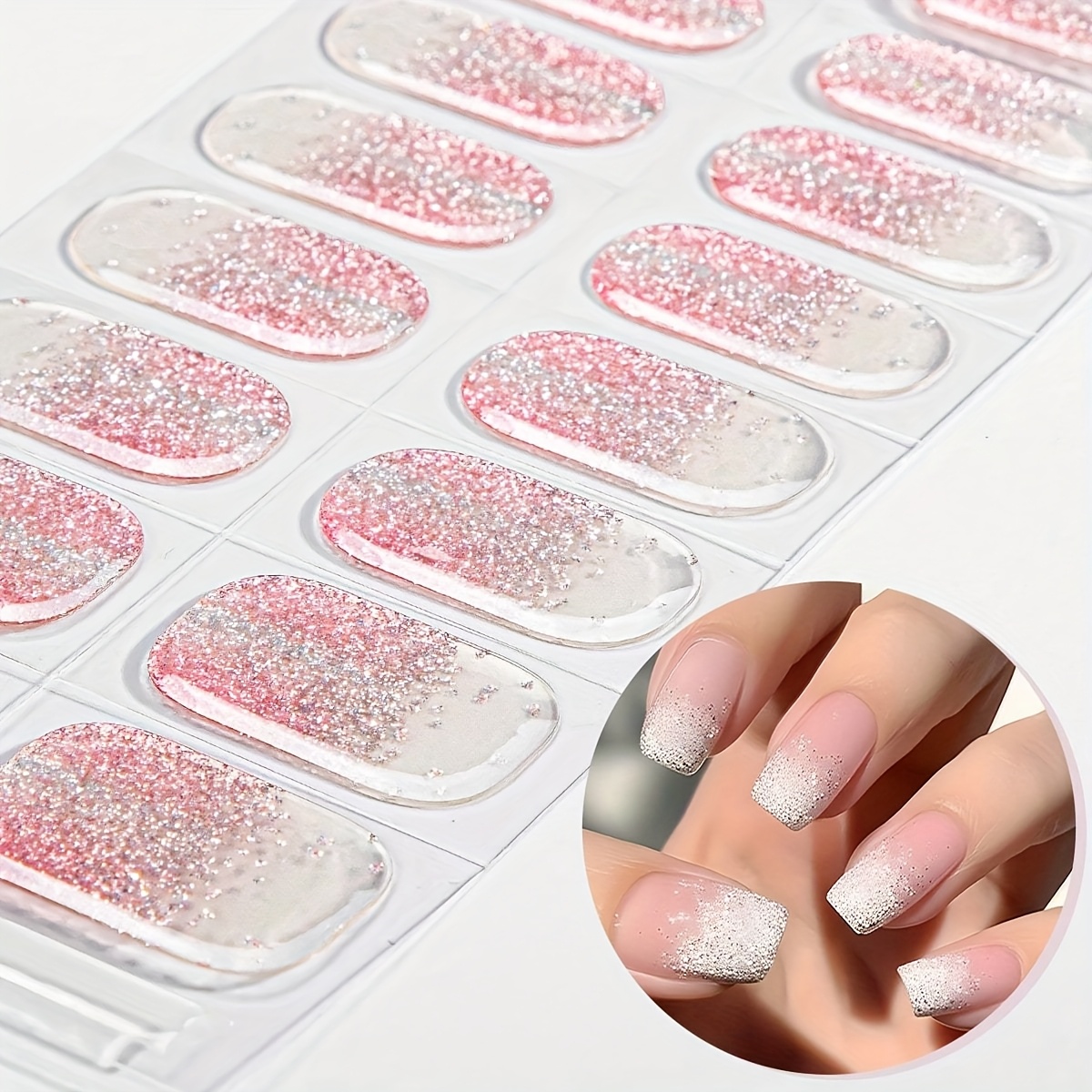 16pcs Semi Cured Gel Nail Strips, Pink Glitter Gradient Self-adhesive Full Nail Wrap, Easy To Manicure, , Nail Stickers For Ladies Home