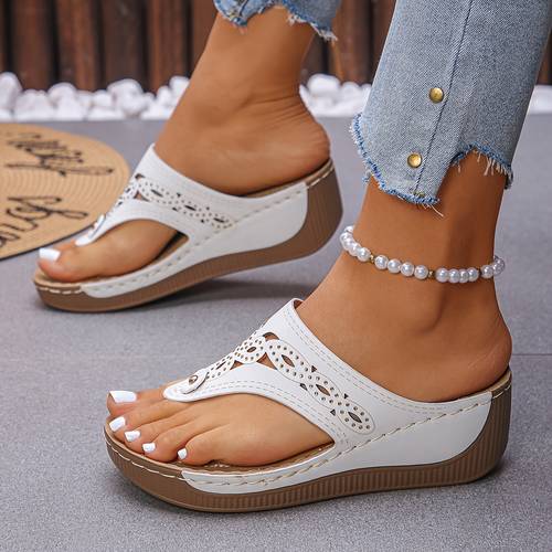 white upper with rhinestones breathable laser cut perforations outsole with hand stitched detailing comfortable lightweight stylish new wedge heeled platform flip flop slippers women shoes