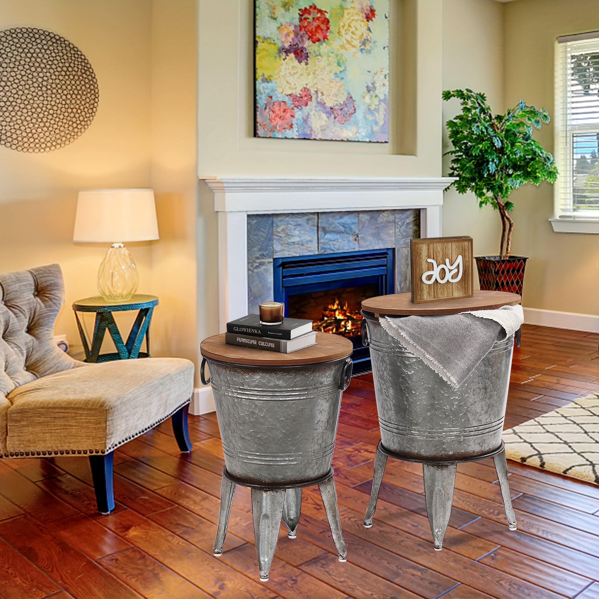 Set of 2 Rustic Farmhouse End Tables, Galvanized Metal Nesting Accent Side Tables with Round Wood Lids