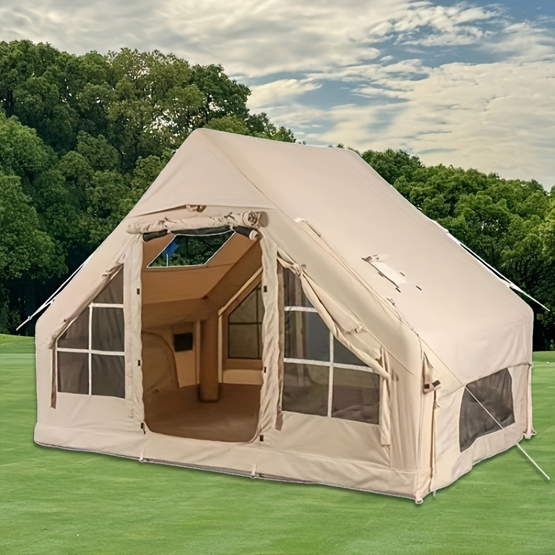 Inflatable Tents For Camping, Blow Up Glamping Tents With Hand Pump, Easy To Set Up 4 Seasons Waterproof Windproof Outdoor Air Tents House, 2 Doors And 4 Windows, 3 X 4 M